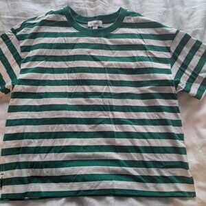 NWT Evereve Green & White Striped Boxy Pima Cotton Tee • Medium